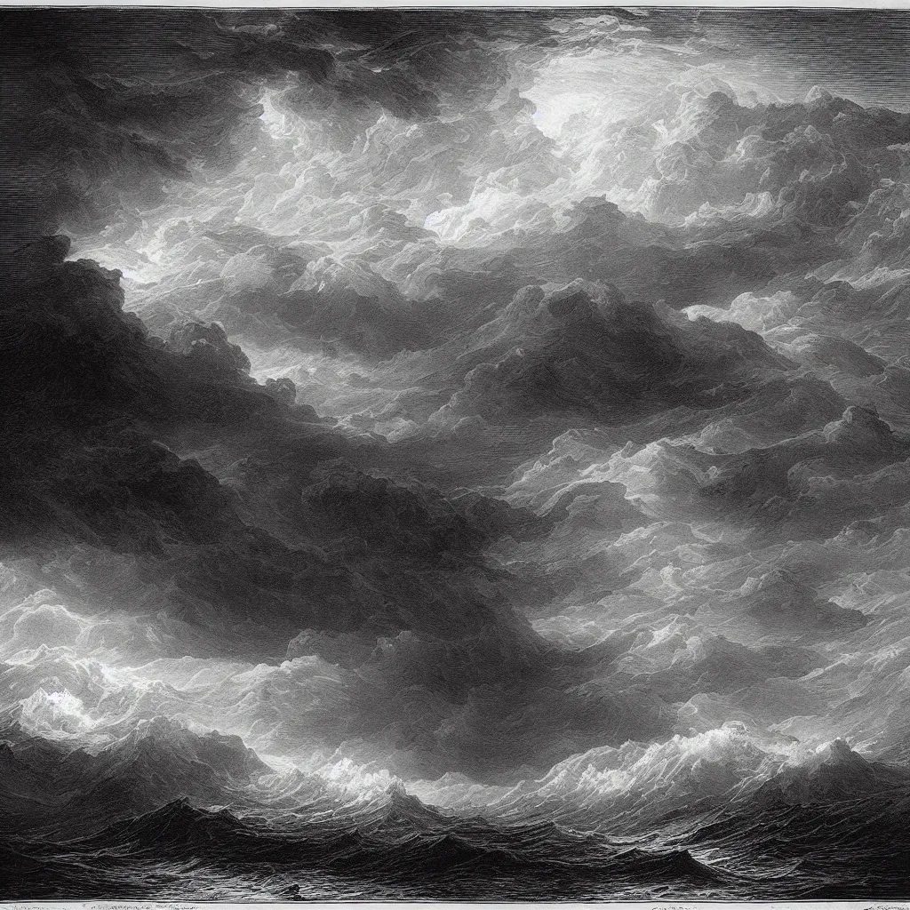 Prompt: “An engraving of a storm at sea by Gustave Dore”