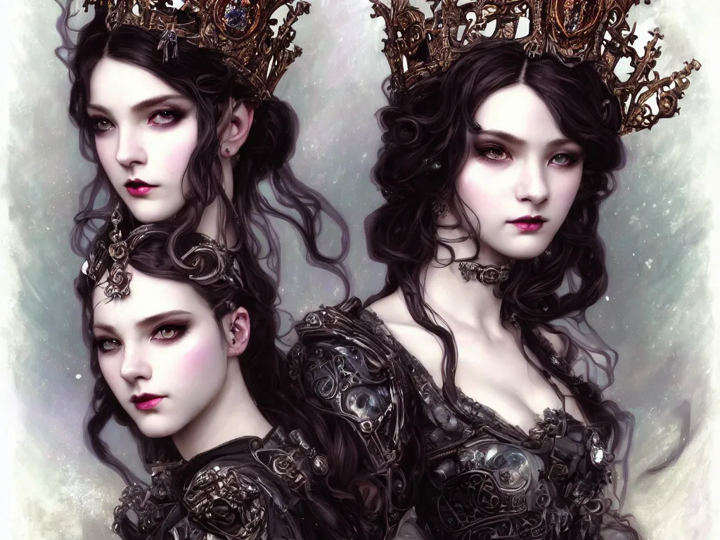 Image similar to beautiful and luxury and victorian and gothic and dieselpunk young medieval dark crown princess portrait like blackpink lisa + smoky eyes + front face with light flowing hair, ultradetail face, art and illustration by tian zi and craig mullins and wlop and alphonse mucha, fantasy, intricate complexity, human structure, human anatomy, fantasy character concept, watermark, blurry, hyperrealism 8 k