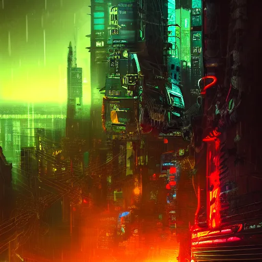 Image similar to Very very very horrific cyber-demon, cyberpunk style, vivid colors, dramatic lighting, top post of all time on /r/ImaginaryLandscapes subreddit