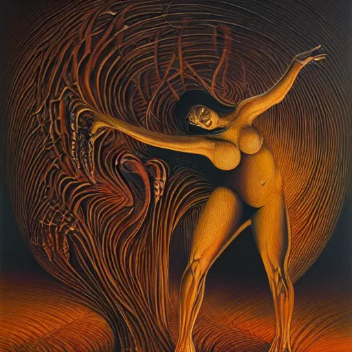 Image similar to a woman dancing with fire jacek yerka, alex gray, zdzisław beksiński, dariusz zawadzki, jeffrey smith and h.r. giger, oil on canvas, 8k highly professionally detailed, trending on artstation