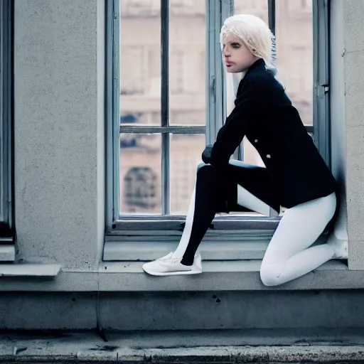 Prompt: 19-year-old Aristocratic platinum-blonde-haired hime-cut blue-eyed French empress wearing white leggings and black jacket, looking out open window, sitting in French apartment, communist city, futuristic city, cyberpunk city, HD photograph