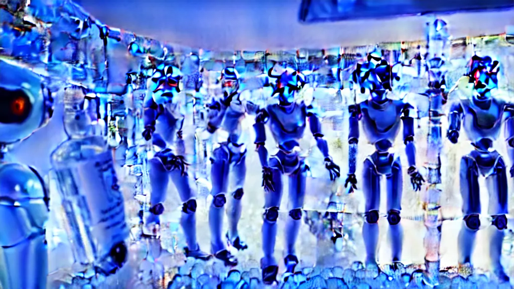 Prompt: robots drinking alcohol, inside a ice bar, chrome reflections, hyper-realistic, extreme detail, sharp photo, beautiful, cinematic 4K, by Sorayama