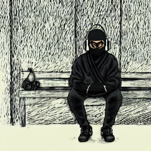 Image similar to a ninja with headphones sitting on a bench, high detail, black and white