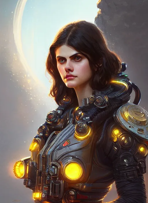 Image similar to portrait of apex legends alexandra daddario, intricate, elegant, glowing lights, highly detailed, digital painting, artstation, glamor pose, concept art, smooth, sharp focus, illustration, art by artgerm and greg rutkowski, artey freytag