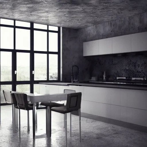 Prompt: brutalist house kitchen interior design ominous dark powerful giant open space high quality furniture octane render