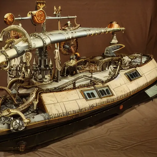 Prompt: a spaceship boat with steampunk arms