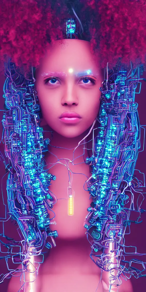 Prompt: symmetry!! a cyberpunk mulatto beauty queen, by wlop, by justin bua, motherboard, circuitry, wires, neon lights, beads, curly afro, micro detail, sci - fi, photorealism, 8 k, cgsociety