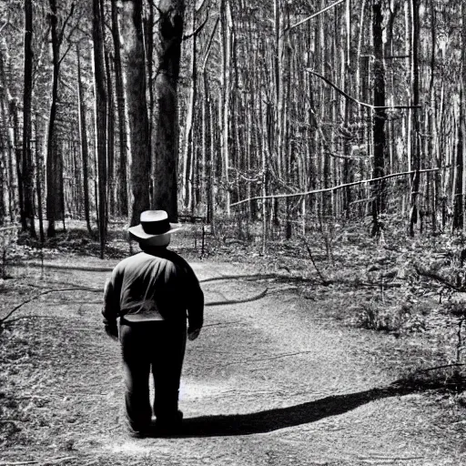 Prompt: trail cam footage nighttime black and white of fat man with fedora