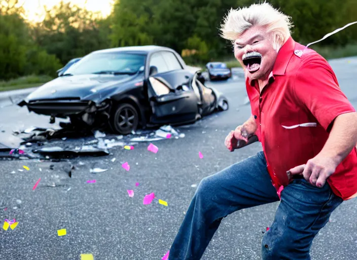 Prompt: photo still of rip taylor at a car accident scene!!!!!!!! at age 5 4 years old 5 4 years of age!!!!!!! throwing confetti from a bucket, 8 k, 8 5 mm f 1. 8, studio lighting, rim light, right side key light