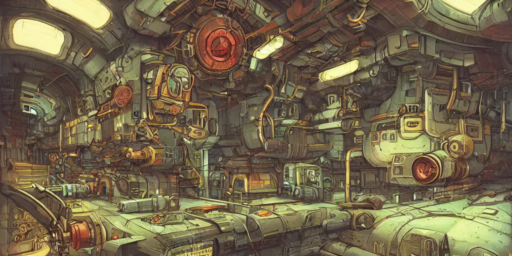 Prompt: Sci Fi Underground Bunker, with vestiges of rusty machinery, lugubrious, illustrated by Patrick Gleason and Tim Shumate, detailed art, artstation, comic art