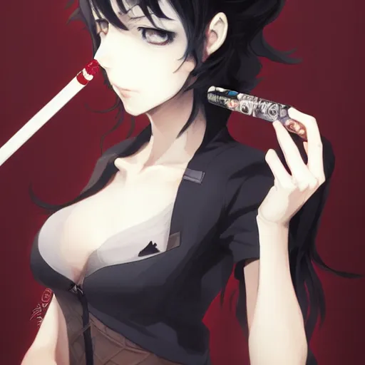 Prompt: An anime portrait of a dark haired goth smoking a djarum, by Stanley Artgerm Lau, WLOP, Rossdraws, James Jean, Andrei Riabovitchev, Marc Simonetti, and Sakimichan, tranding on artstation