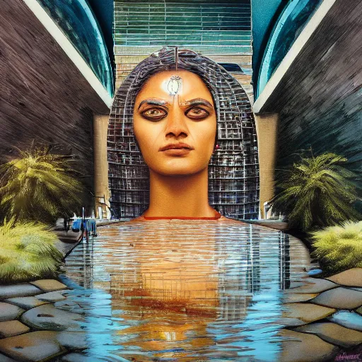 Image similar to detailed face of an indian woman, travertine and stainless steel courtyard, terrazzo, tectonic sky, skydome, reactor, utopian, tech noir, wet reflections, prism, atmospheric, ambient, pj crook, syd mead, livia prima, artgerm, greg rutkowski, nick alm, casey baugh