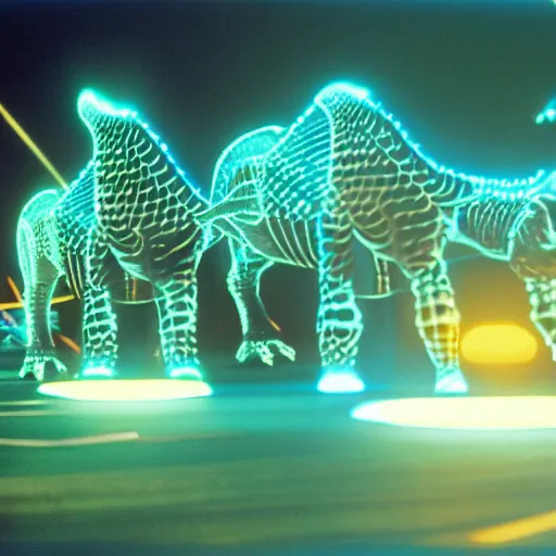 Image similar to electric blue scaled glowing baby dinosaurs in tron movie, cinestill