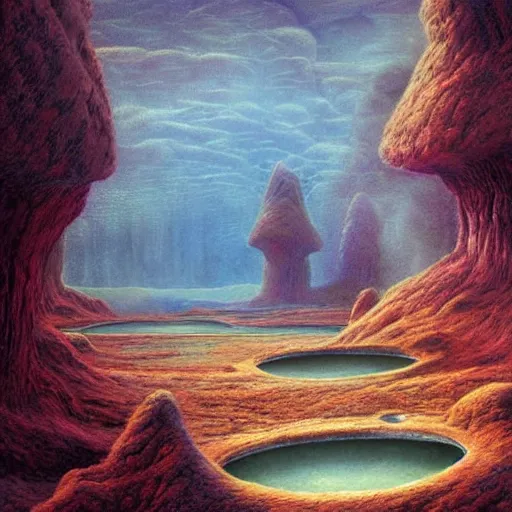 Image similar to artistic digital artwork of an epic natural scene on an alien planet. beautiful landscape by vincent bons, michael whelan and remedios varo. grainy and rough. interesting pastel colour palette. beautiful light. oil and water colour based on high quality render.