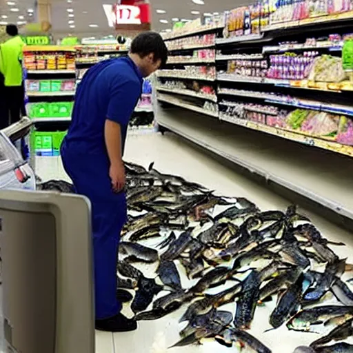 Prompt: pile of dead fish being scanned by checkout assistant at supermarket checkout, very detailed