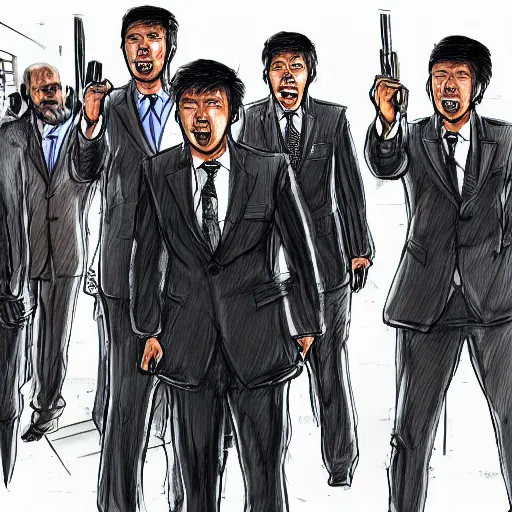 Image similar to highly detailed realistic sketch of UN members in suits yelling at a cyborg samurai, fear and anger in their eyes, colored , award winning , masterpiece on a scroll , post-processing