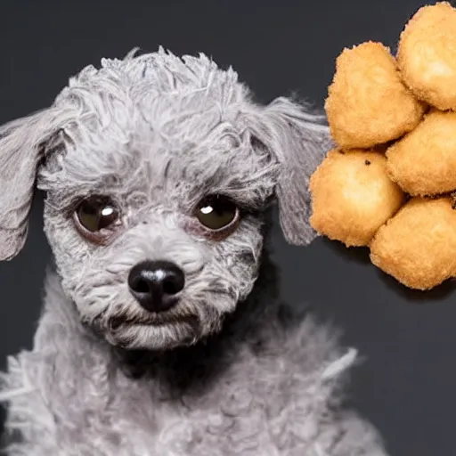 Prompt: old grey hairless skinny miniature toy poodle with Lenticular Sclerosis in one eye and a chicken nugget, closeup, macro; cute