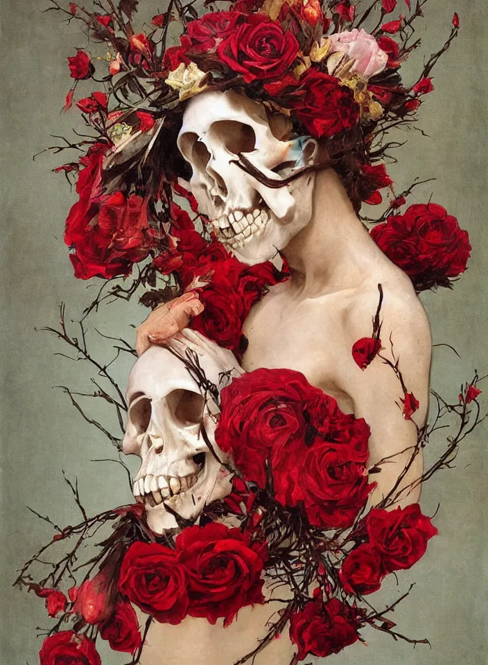 Image similar to transparent woman in a mask of a bird\'s skull with a wreath of roses, dressed in a dress of red boiling liquid wax, from under which the bones of the skeleton are visible, flying around the bird, buds and rose petals, dark background, painted by Caravaggio, Greg rutkowski, Sachin Teng, Thomas Kindkade, Alphonse Mucha, Norman Rockwell, Tom Bagshaw.