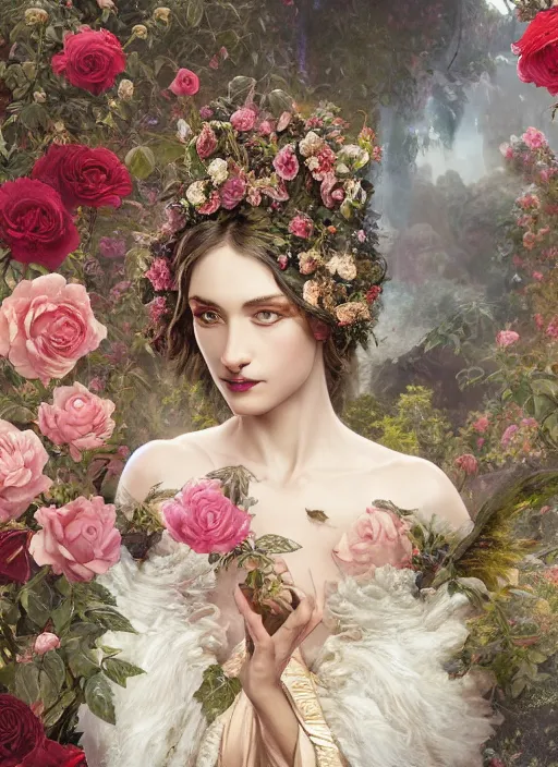 Prompt: real photoshoot goddess of roses, wearing a feathered cloak and a fancy silk floral dress, ornate, ultra realistic, concept art, intricate details, eerie, highly detailed, photorealistic, octane render, 8 k, unreal engine. art by artgerm and greg rutkowski and charlie bowater and magali villeneuve and alphonse mucha