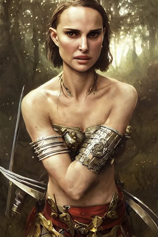 Image similar to natalie portman, legendary warrior, heroic, lord of the rings, tattoos, decorative ornaments, battle armor, by carl spitzweg, ismail inceoglu, vdragan bibin, hans thoma, greg rutkowski, alexandros pyromallis, perfect face, fine details, realistic shading photorealism