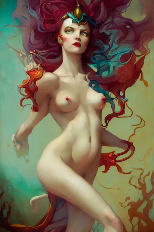 Prompt: Lilith by Peter Mohrbacher in the style of Gaston Bussière, Art Nouveau, vibrant colors