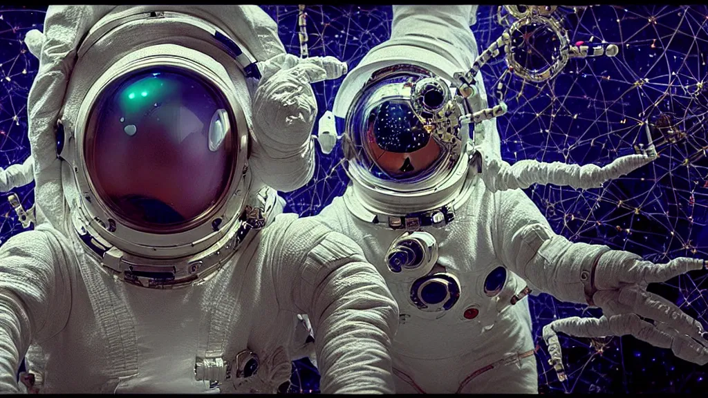 Image similar to a cybernetic symbiosis of a single astronaut eva suit with diamond 3d fractal lace iridescent bubble 3d skin covered with insectoid compound eye camera lenses floats through the living room, film still from the movie directed by Denis Villeneuve with art direction by Salvador Dalí, wide lens,