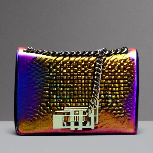 Prompt: a cool designer bag, iridescent color, fashion shooting, photorealistic symmetrical, studio photo