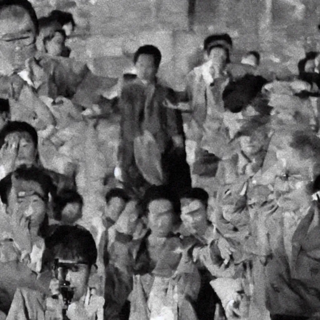 Prompt: low resolution filmstill of a north Korean thriller in the style of Kim Jong-il and Shinya Tsukamoto