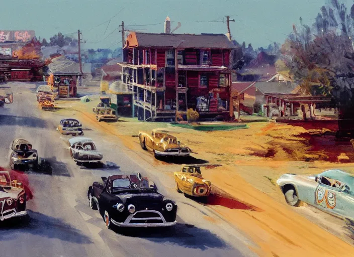 Image similar to concept art small rural town in middle america 1950s hotrods driving down a street , vintage, high detail, golden hour, 8K, by John Berkey