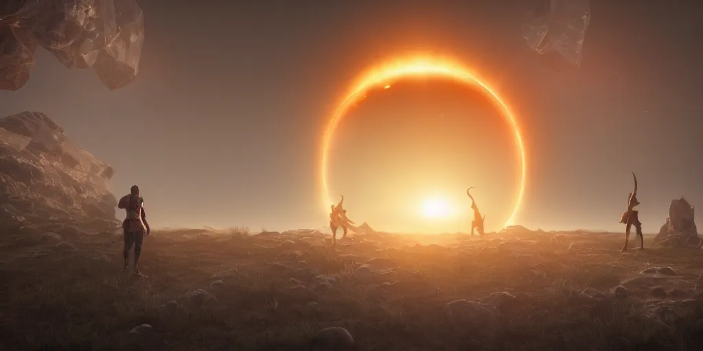 Prompt: Total Eclipse of the sun with ring of fire and magical creatures in space by Gonzalo Kenny and Karcz Michal and Lacoste Raphael, volumetric light moody cinematic epic, game concdept art, 3d render, octane render, trending on artstation, 4k