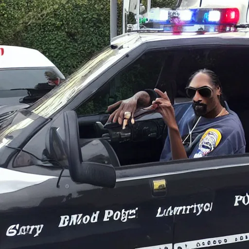 Prompt: Snoop Dogg smokes a joint, smoky red eyes, sits in a police car