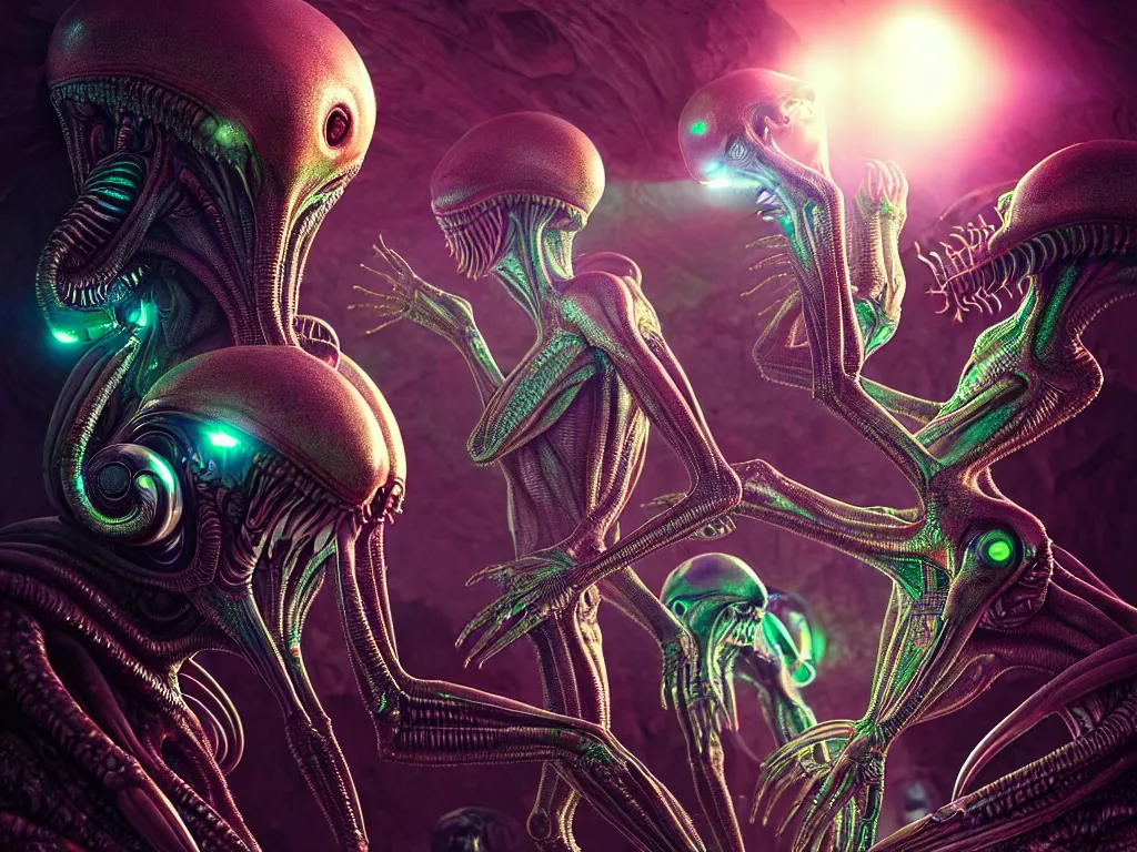 Image similar to highly detailed photo of alien humans, trending on deviantart, neo surrealism, sharp focus, a lot of little details, lens flare, epic render, magical composition, deep color scheme, ornate, intricate, octane, masterpiece, art by ernst haeckel and android jones