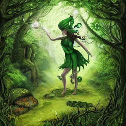 Image similar to a green genie deep in the forest, fantasy illustration