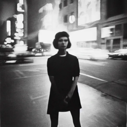 Prompt: analog medium format night flash portrait in new york, 1 9 6 0 s, long exposure, photographed on expired film, detailed photograph