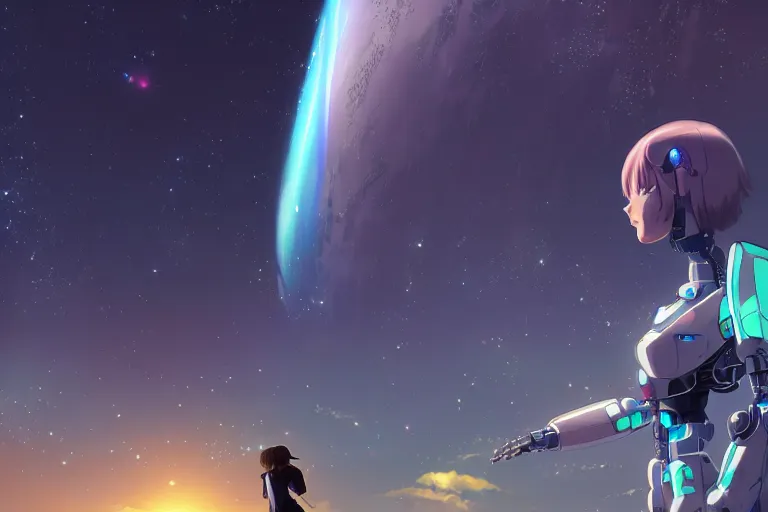 Prompt: makoto shinkai. robotic android girl. futuristic cyberpunk dystopia. vibrant nebula sky. Asteroid trail.