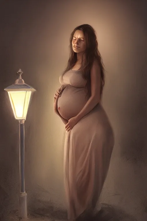 Image similar to pregnant woman under street light, highly detailed, sharp focused, ultra realistic digital concept art by Alyssa Monks, Charlie Bowater