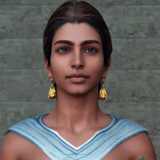 Image similar to a beautiful indian athletic slim female has a halo floating over her head like she was a holy person, the halo was made by a jeweler with gold with intricate details, unreal engine 5