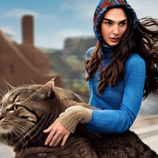 Prompt: high resolution photo of gal gadot in a knitted cap while riding on the back of a huge cat, 4 k, award winning photography.