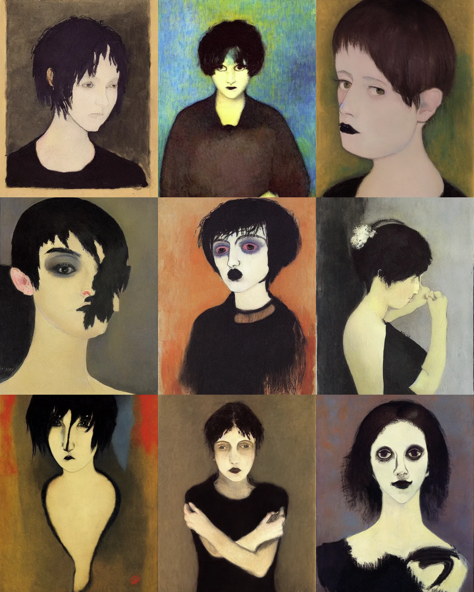 Prompt: A goth portrait painted by Odilon Redon. Her hair is naturally dark brown and cut into a short, messy pixie cut. She has a slightly rounded face, with a pointed chin, large entirely-black eyes, and a small nose. She is wearing a black tank top, a black leather jacket, a black knee-length skirt, a black choker, and black leather boots.
