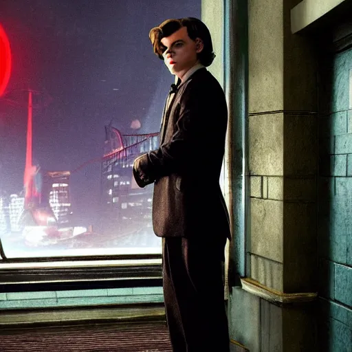 Image similar to screen capture from a live - action bioshock movie. andrew ryan, played by evan peters, is shown standing in an turn of the century style office front of an immense window looking out into the underwater city of rapture. the lights of the city are shining in the distance and an abundance of sea life is shown.