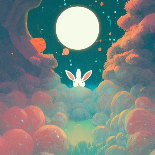 Image similar to A rabbit full of hope, looking for a black hole in an infinite time loop by Victo Ngai and Ghibli andlisk feng and atey ghailan