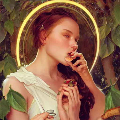 Image similar to eve eating fruit from the tree of knowedge of good and evil in the gardnen of eden, highly detailed, digital painting, artstation, concept art, smooth, sharp focus, illustration, artstation, art by artgerm, greg rutkowski, alphonse mucha, ilya repin and charlie bowater