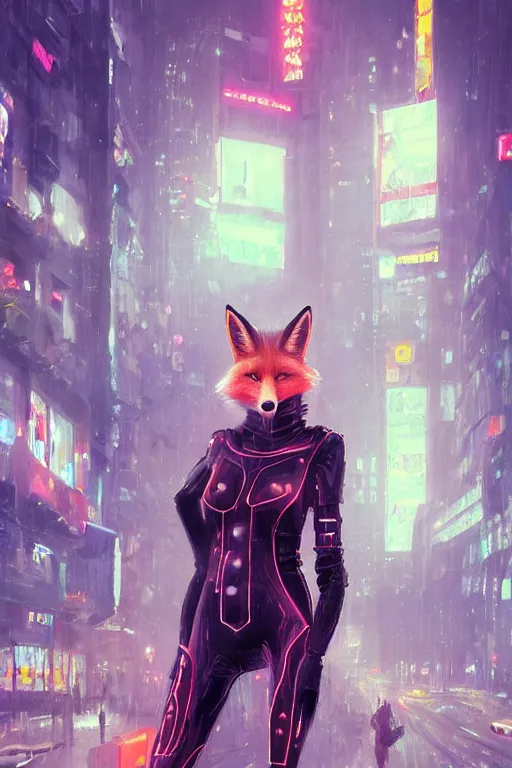 Prompt: beautiful portrait of a tall white female anthro fox smoking a cigarette towering head and shoulders above the bustling crowd of a rainy city street around her, sci fi bodysuit, cyberpunk, harsh neon lights, highly detailed, sharp focus, digital painting, illustration, trending on artstation, art by sakimichan, wlop, greg rutkowski