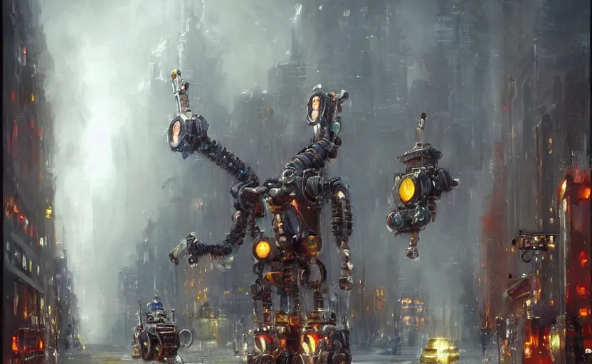 Image similar to Alchemy mech robot gloomy city. By Konstantin Razumov, highly detailded