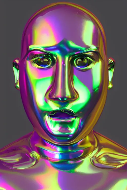 Prompt: 3d render of holographic angry human robotic screaming angry bust made of glossy iridescent, screaming, bust, surrealistic 3d illustration of a human non-binary, non binary model, 3d model human, cryengine, made of holographic texture, holographic material, holographic rainbow, concept of cyborg and artificial intelligence