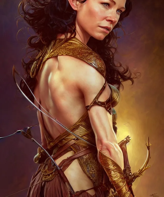 Prompt: Evangeline Lilly as a fantasy elf with a bow and arrow, portrait, fantasy, intricate, elegant, highly detailed, digital painting, artstation, concept art, smooth, sharp focus, illustration, art by artgerm and greg rutkowski and alphonse mucha