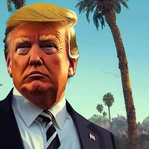 Image similar to highly detailed portrait, donald trump, in gta v, stephen bliss, unreal engine, fantasy art by greg rutkowski, loish, rhads, ferdinand knab, makoto shinkai and lois van baarle, ilya kuvshinov, rossdraws, tom bagshaw, global illumination, radiant light, detailed and intricate environment