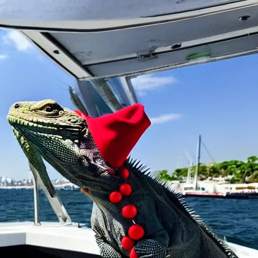 Prompt: an iguana wearing sunglasses on a boat. the boat is a yacht, and the iguana is sipping on a martini. it's sunny out and he is wearing a red hat.