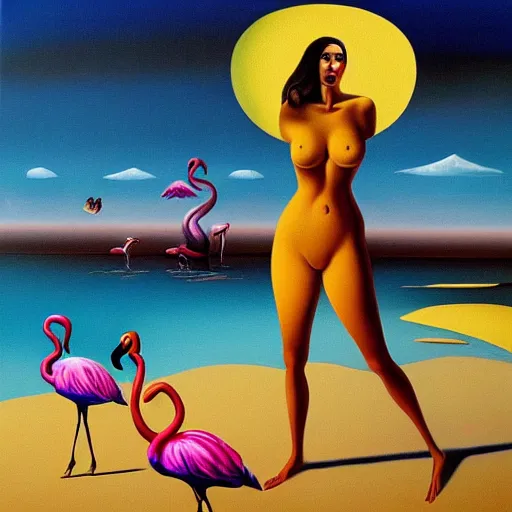 Prompt: A surreal oil painting of a puzzle containing a beautiful woman and Flamingos on a desert beach by Salvador Dali, dark vibes, high contrast, cinematic, depth of field