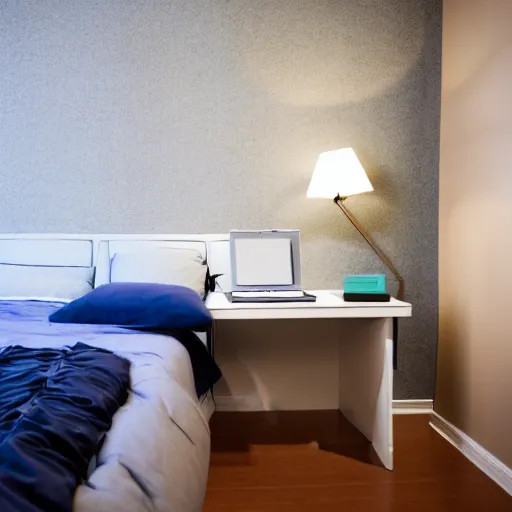 Image similar to Beautiful Photograph of a bedroom with a computer on a table and a mattress standing against the wall, wideshot, longshot, fullshot